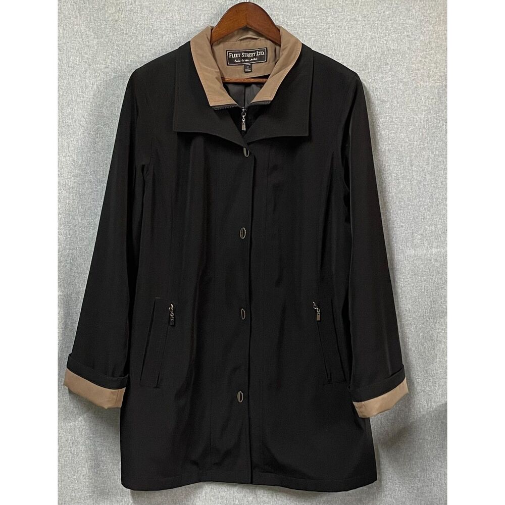 Vintage Fleet Street Ltd Women's XL Black Tan Mid Length Coat Metal Hardware